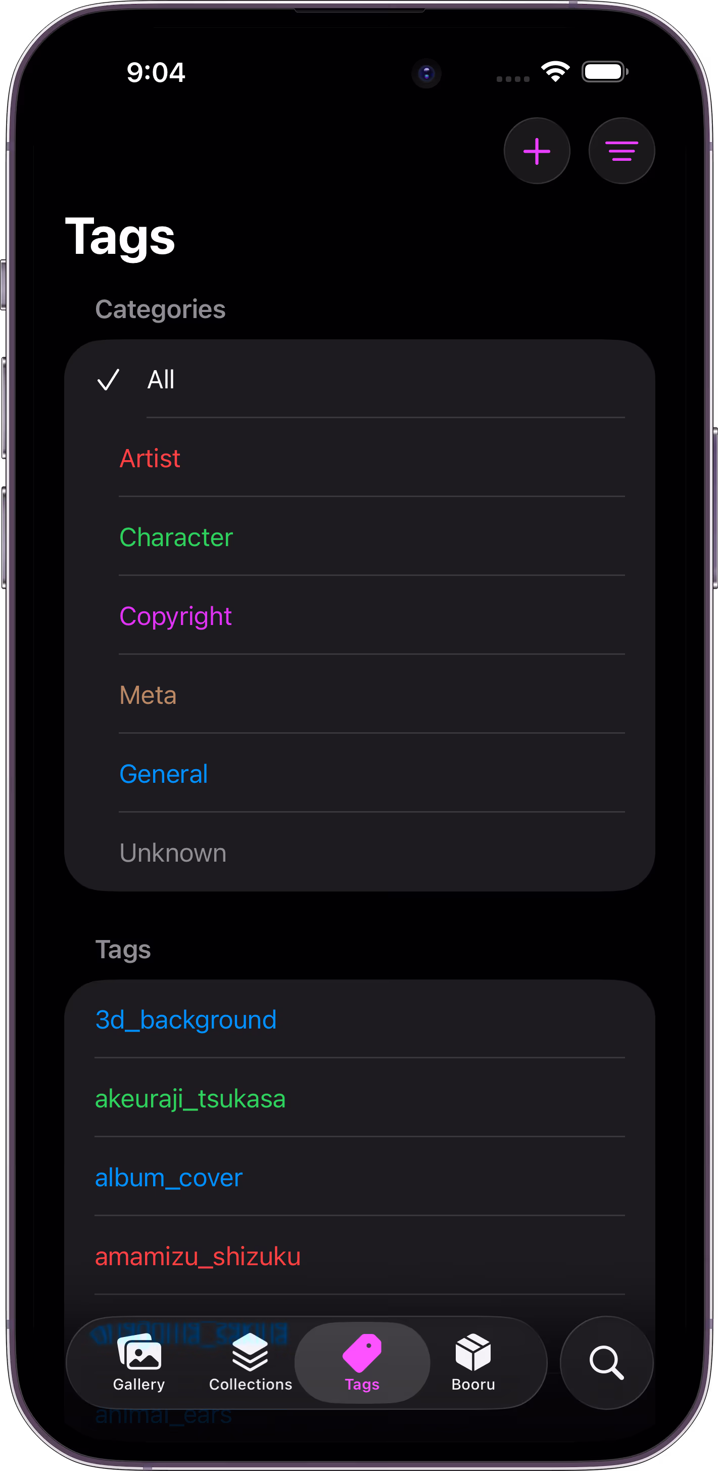 Curated tag list with color-coded tag categories in Mignori